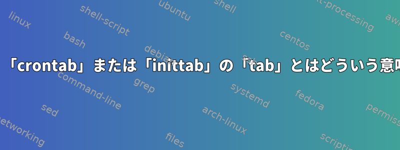 たとえば、「crontab」または「inittab」の「tab」とはどういう意味ですか？