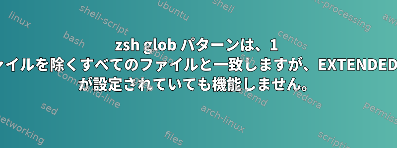 zsh glob パターンは、1 つのファイルを除くすべてのファイルと一致しますが、EXTENDED_GLOB が設定されていても機能しません。