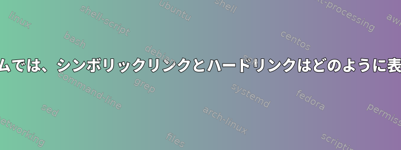 ファイルシステムでは、シンボリックリンクとハードリンクはどのように表現されますか？