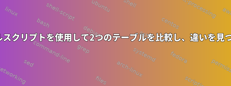 Linuxでシェルスクリプトを使用して2つのテーブルを比較し、違いを見つける方法は？