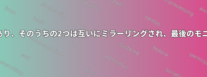 3つのモニターがあり、そのうちの2つは互いにミラーリングされ、最後のモニターは空です。