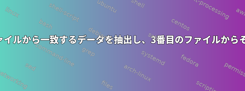 あるファイルを読み、別のファイルから一致するデータを抽出し、3番目のファイルからそのコンテンツを取得する方法