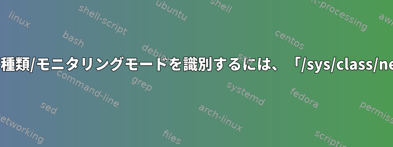 インターフェイスの種類/モニタリングモードを識別するには、「/sys/class/net」を使用します。