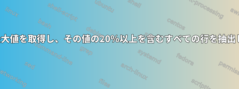 列から最大値を取得し、その値の20％以上を含むすべての行を抽出します。