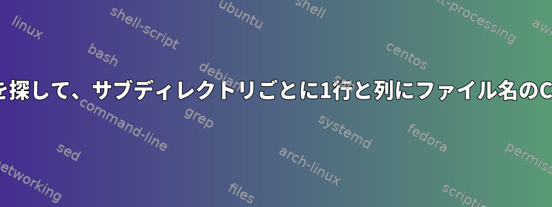 すべてのファイルを探して、サブディレクトリごとに1行と列にファイル名のCSVを作成します。