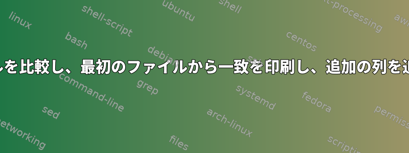 2つのファイルを比較し、最初のファイルから一致を印刷し、追加の列を追加します。